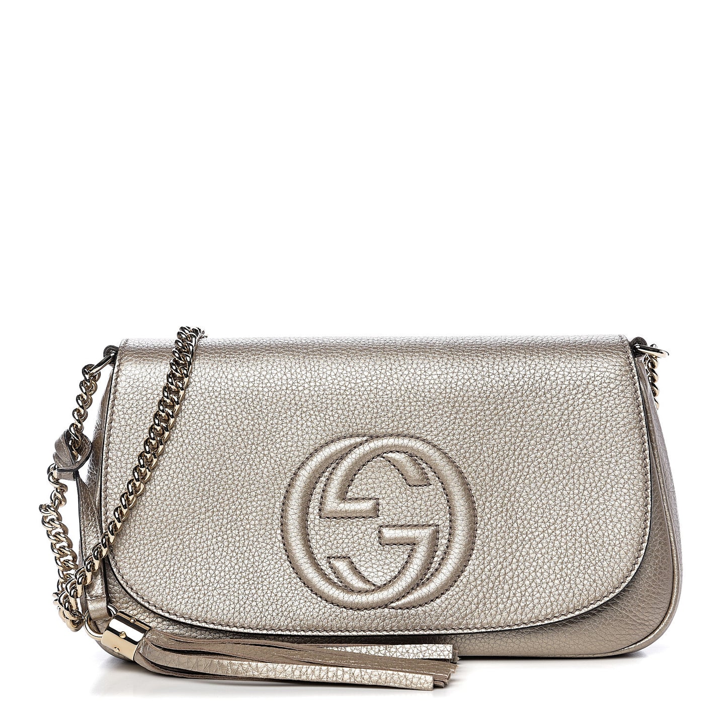 Metallic Pebbled Calfskin Medium Soho Flap Crossbody Golden Beige