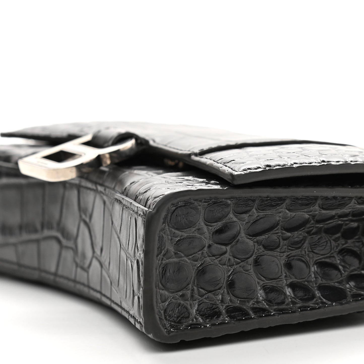 Shiny Calfskin Crocodile Embossed Hourglass Chain Bag Black