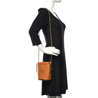 Gucci Vintage Effect Calfskin Matelasse Diagonal Mini Torchon GG Marmont 2.0 Bucket Bag Cognac 2 of 11