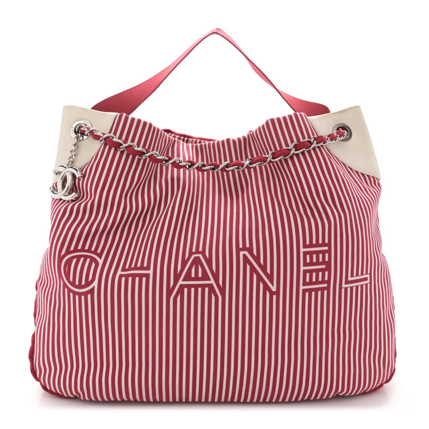 Chanel Striped Canvas Logo Tote Red 1 of 15