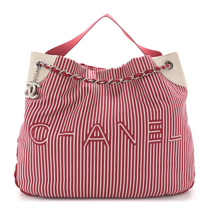 Chanel Striped Canvas Logo Tote Red 1 of 15