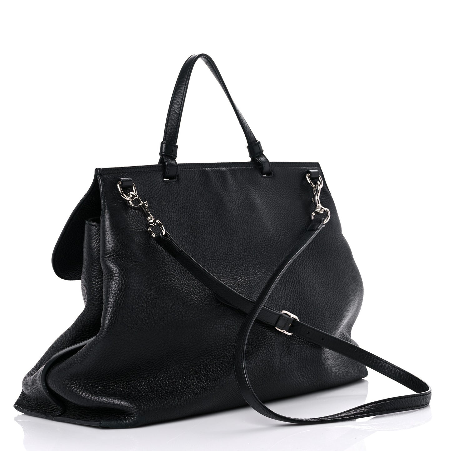 Pebbled Calfskin Large Bamboo Daily Top Handle Bag Black