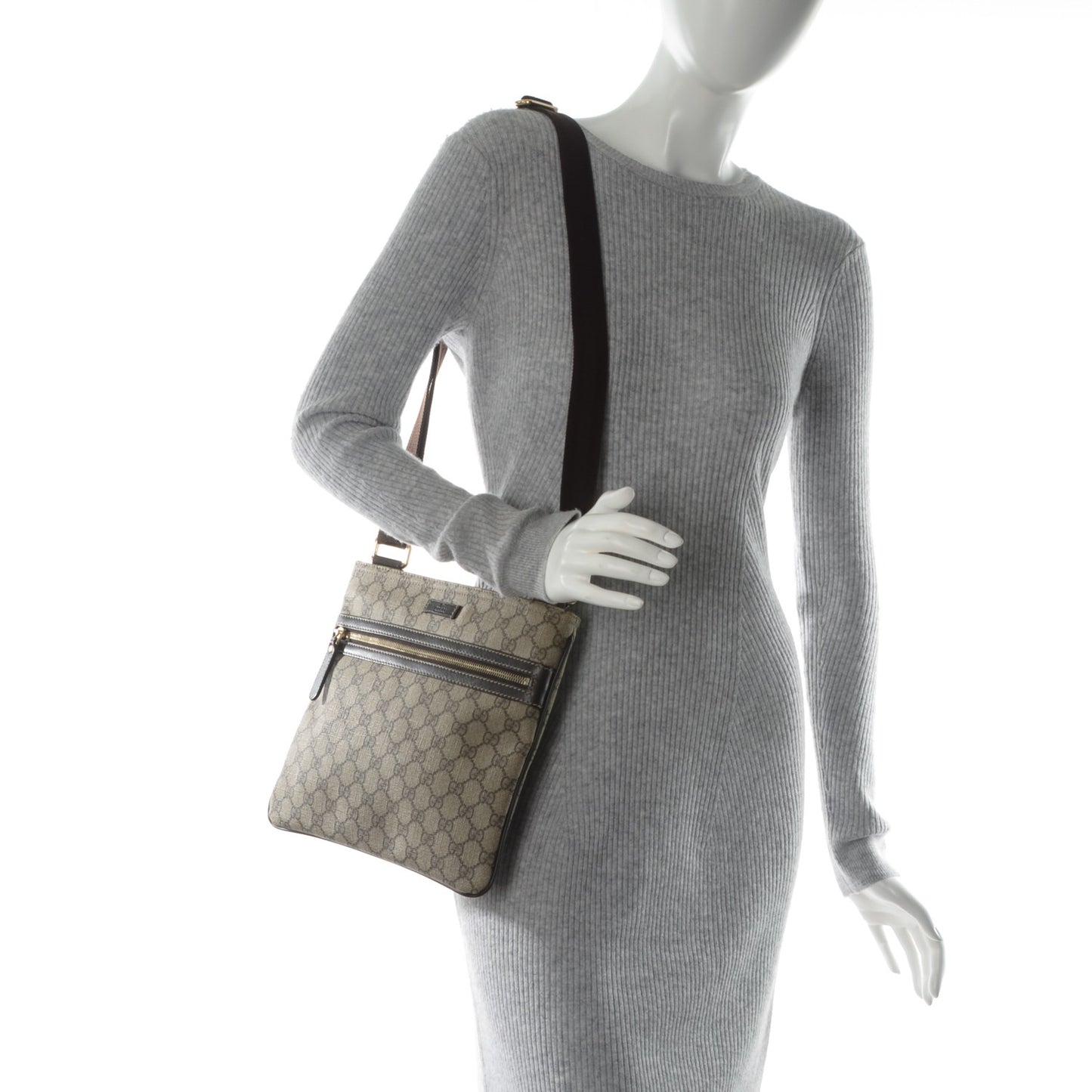 GG Supreme Monogram Selleria Calfskin Small Flat Side Zip Messenger Bag Beige Ebony Cocoa Dark Chocolate