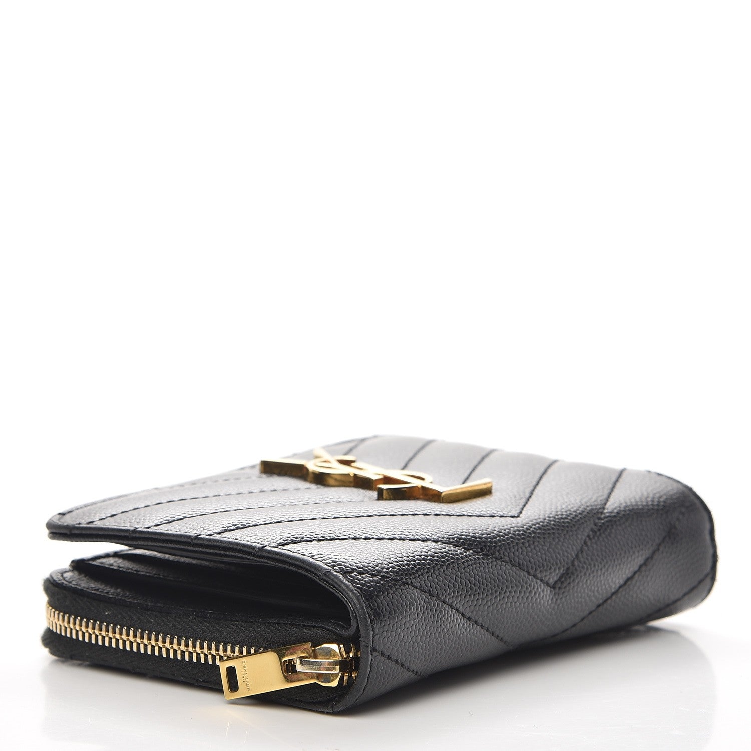 Saint Laurent Grain De Poudre Matelasse Chevron Monogram Compact Zip Around Wallet Black 4 of 6
