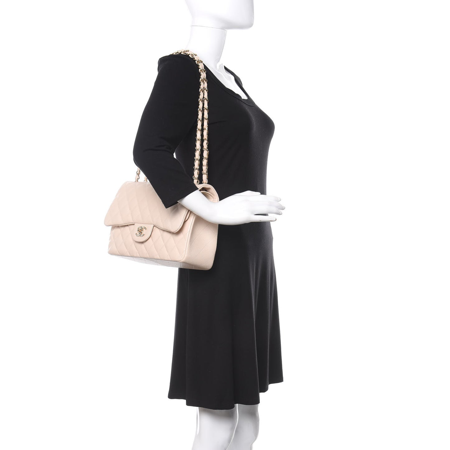 Caviar Quilted Jumbo Double Flap Light Beige