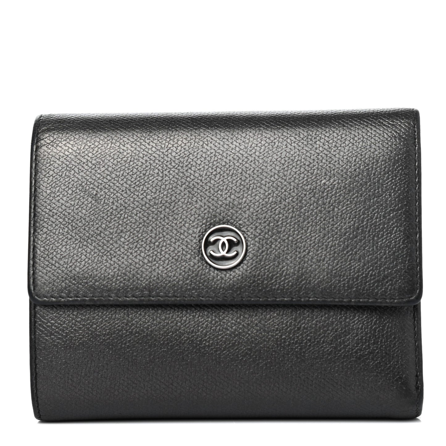 Grained Calfskin CC Button Flap Wallet Black