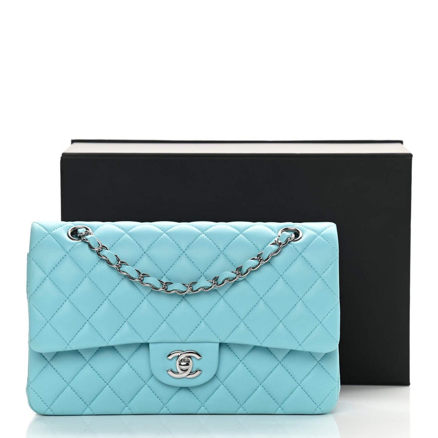Lambskin Quilted Medium Double Flap Light Blue