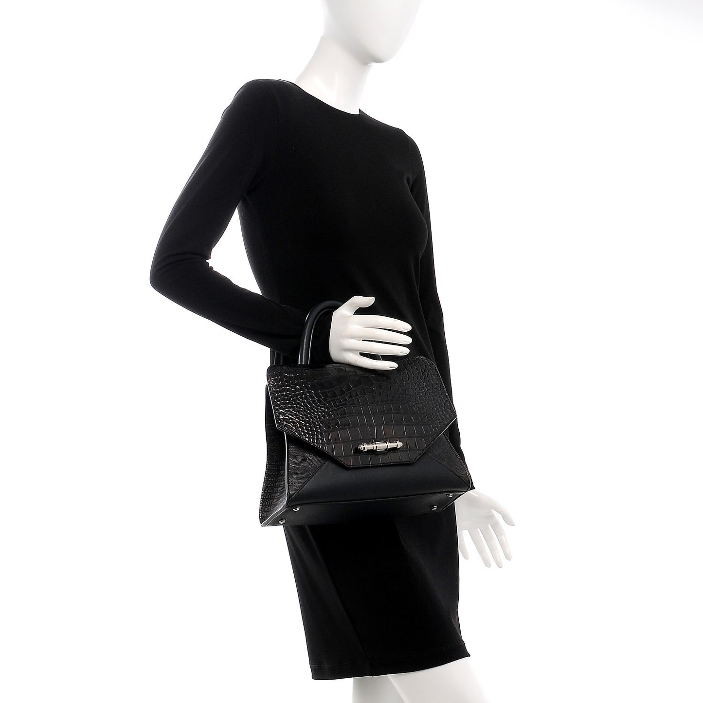 Calfskin Crocodile Embossed Small Obsedia Satchel Black