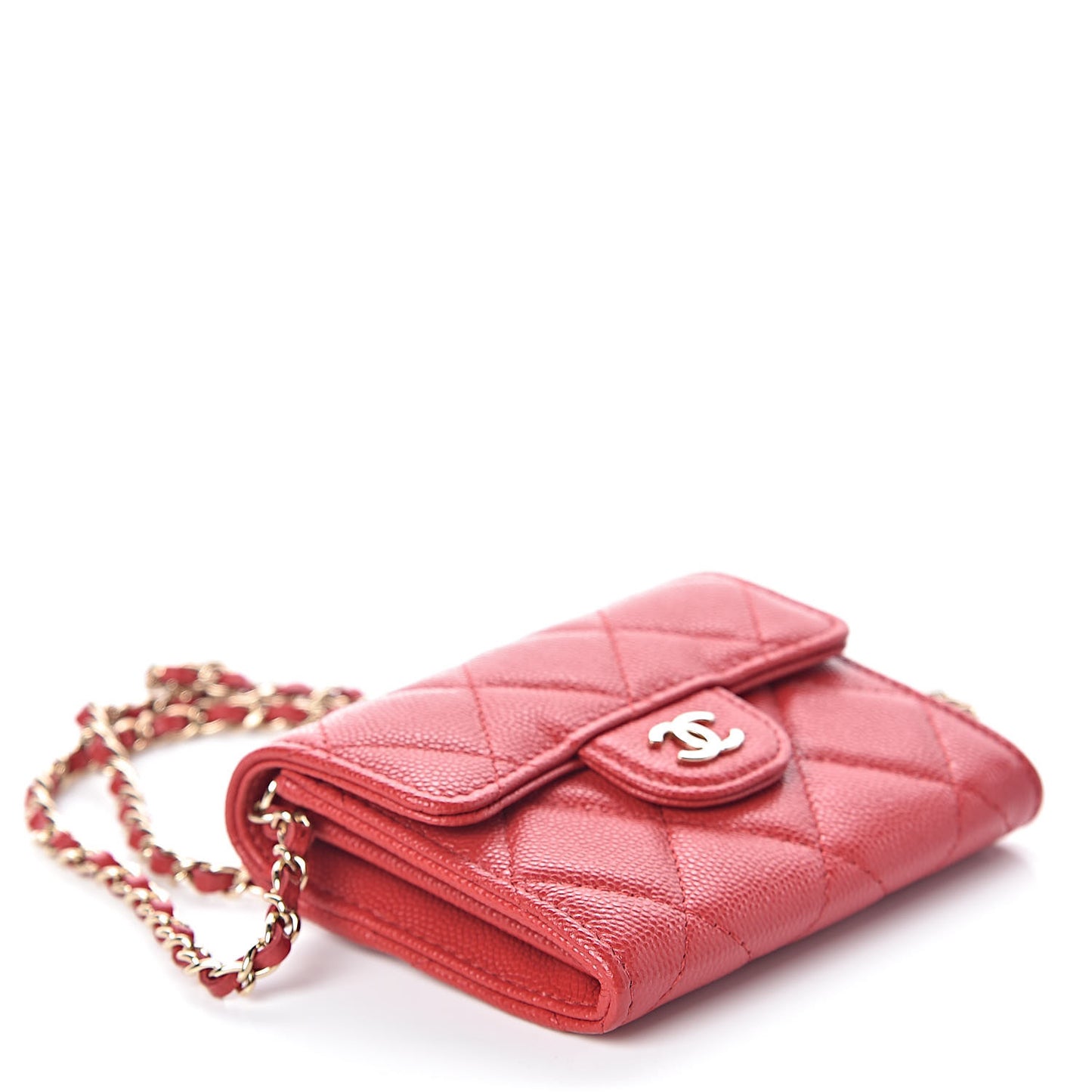 Caviar Quilted Flap Card Holder On Chain Red
