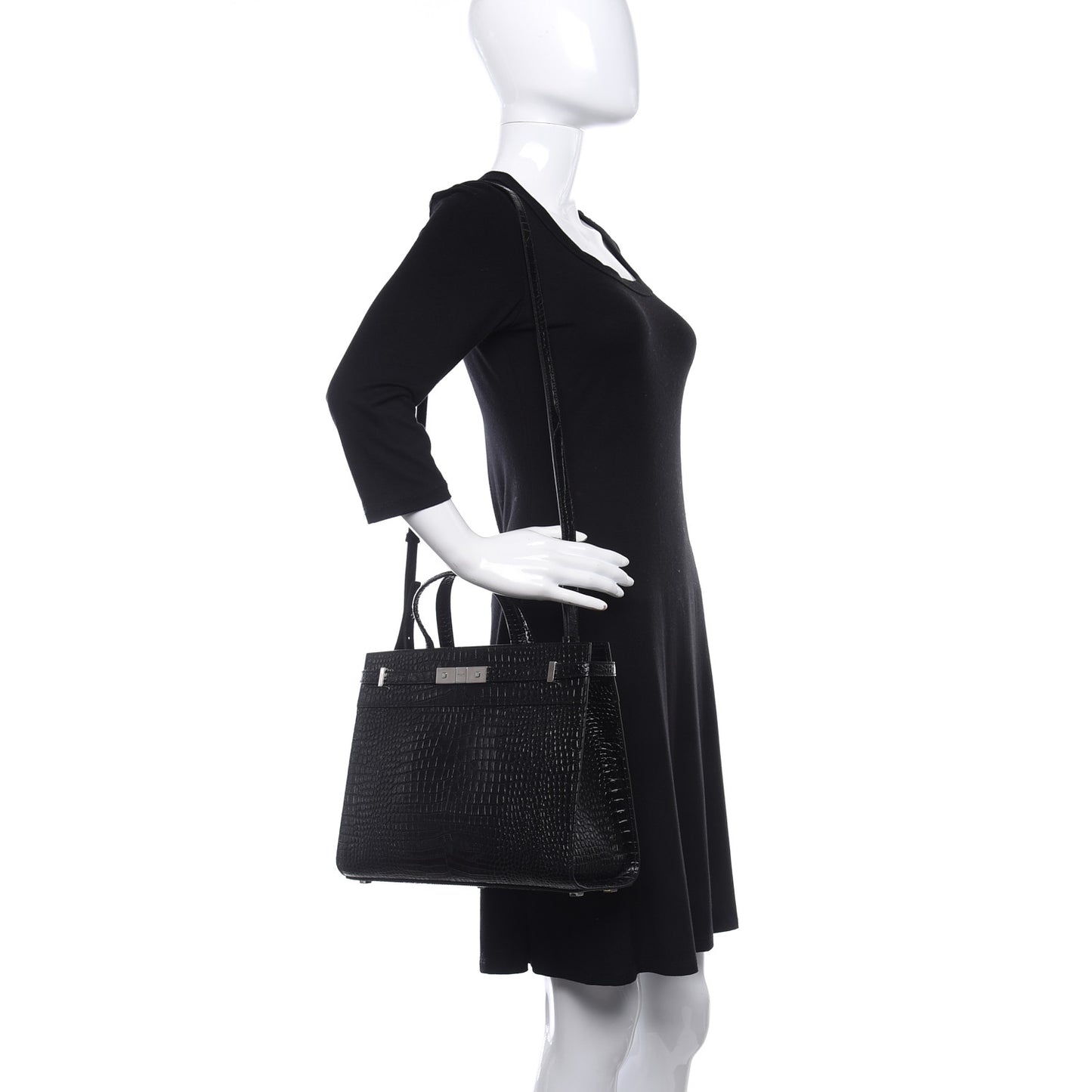 Shiny Calfskin Crocodile Embossed Small Manhattan Shopper Tote Black