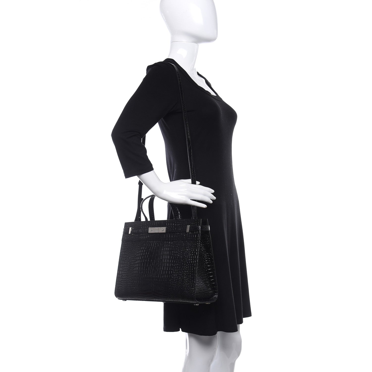 Saint Laurent Shiny Calfskin Crocodile Embossed Small Manhattan Shopper Tote Black 2 of 8