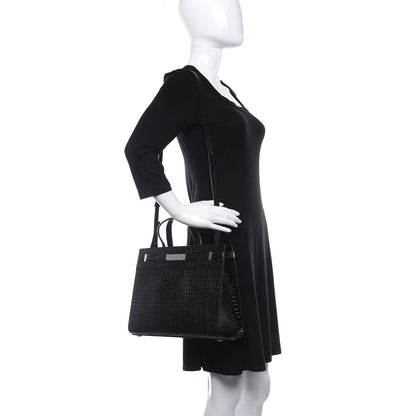 Saint Laurent Shiny Calfskin Crocodile Embossed Small Manhattan Shopper Tote Black 2 of 8