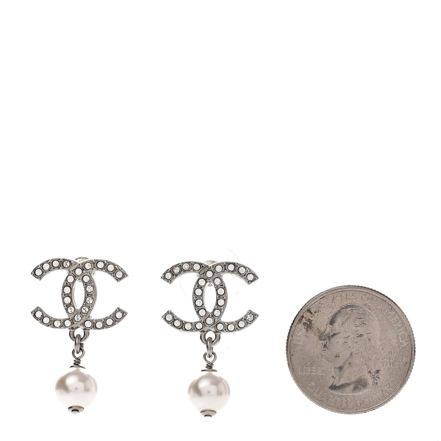 Chanel Crystal Pearl CC Drop Earrings Silver Pearly White 2 of 5