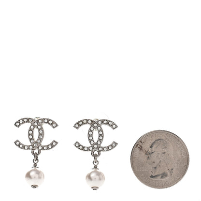 Chanel Crystal Pearl CC Drop Earrings Silver Pearly White 2 of 5