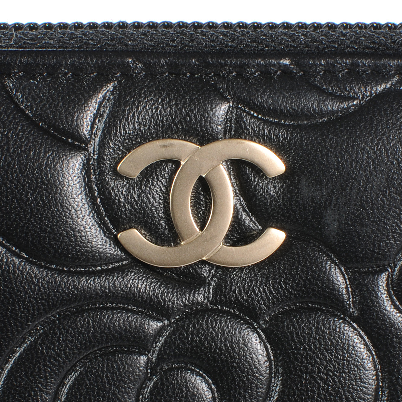 Lambskin Camellia Embossed Large Zip Around Gusset Wallet Black