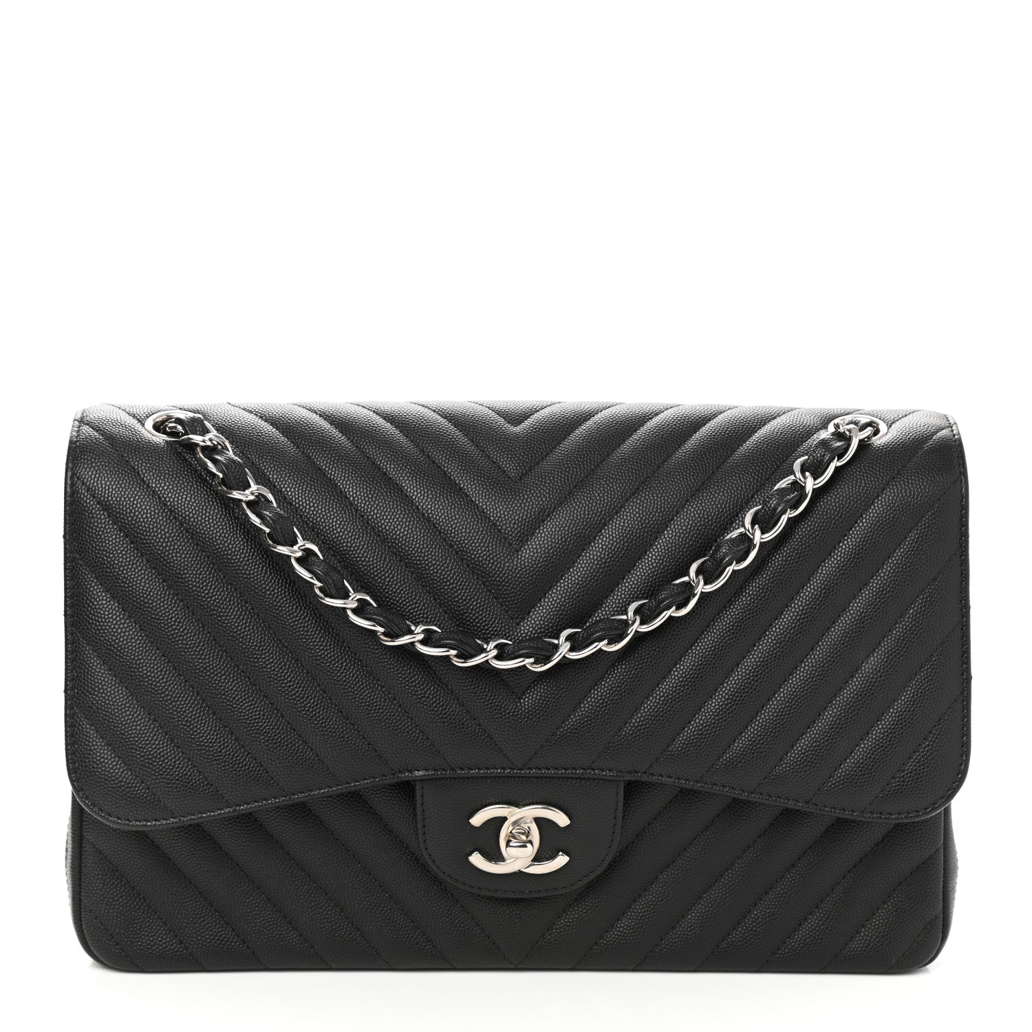 Chanel Caviar Chevron Quilted Jumbo Double Flap Black 1 of 10