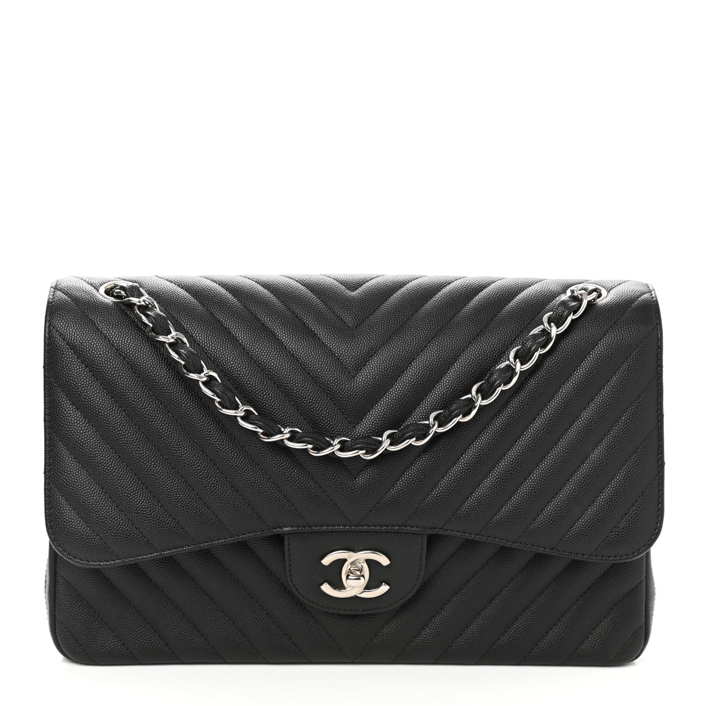 Caviar Chevron Quilted Jumbo Double Flap Black