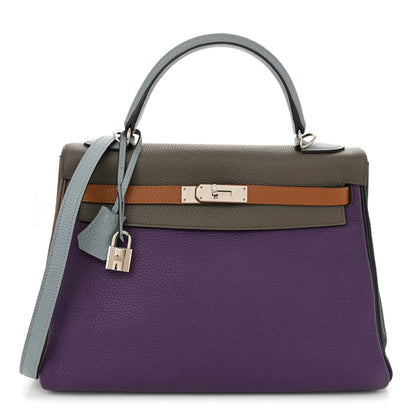 Hermes Taurillon Clemence Arlequin Kelly Retourne 32 Ultraviolet Etain Bleu Lin Bleu Orage Gold 1 of 17