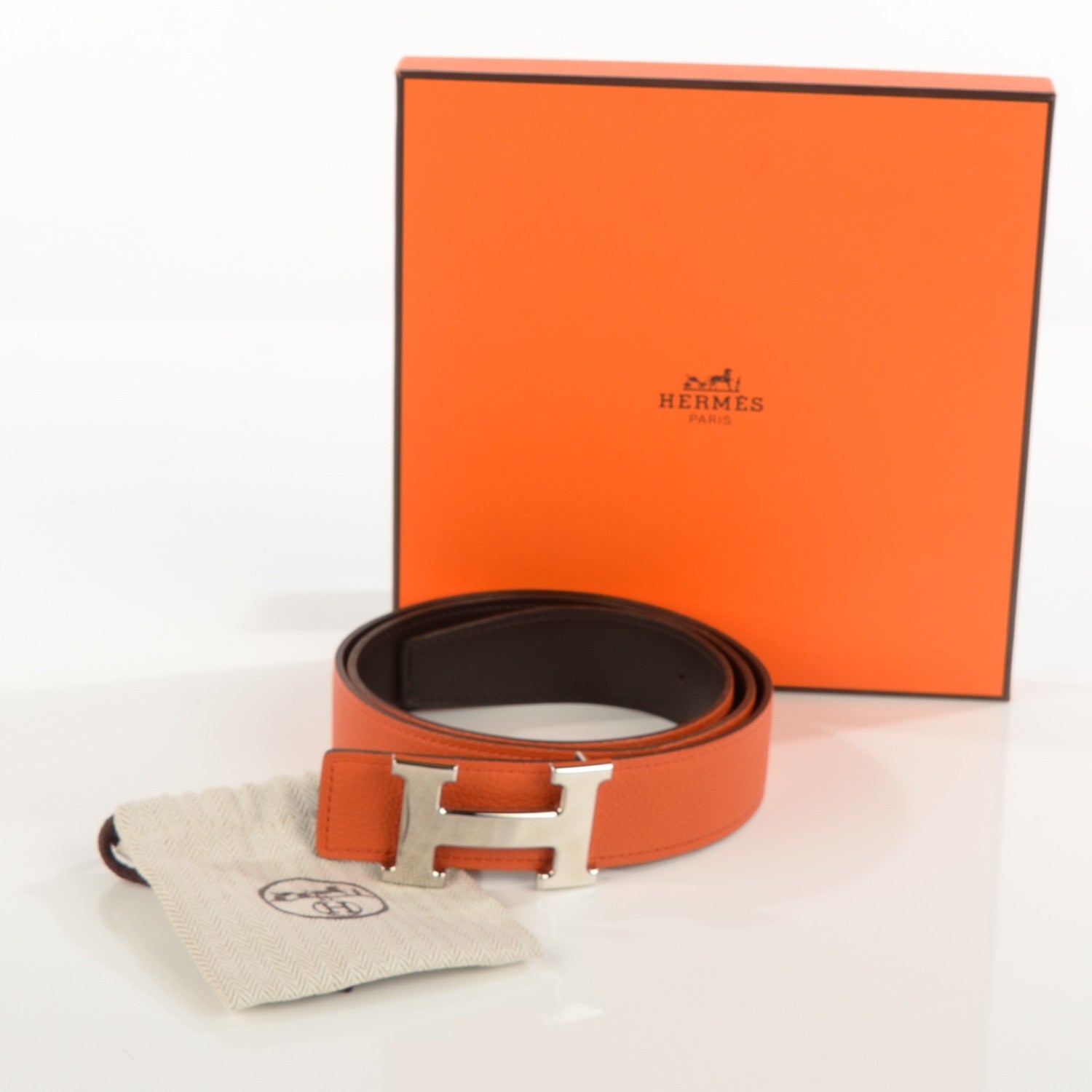 Hermes Togo Box 32mm H Belt 90 Orange Chocolate 4 of 8