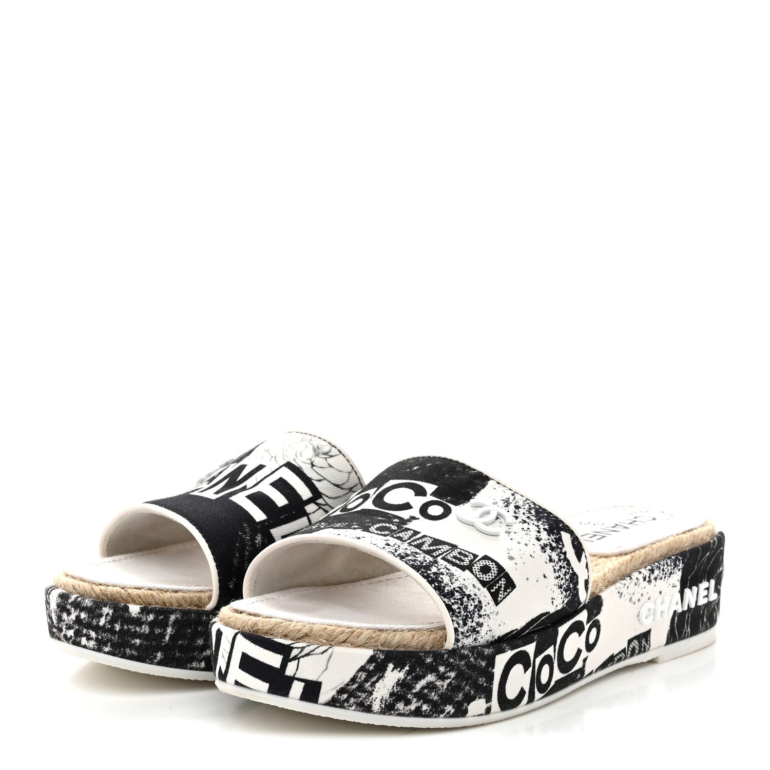 Chanel Fabric Grosgrain Printed CC Espadrille Slip On Sandals 36 Black White 4 of 11