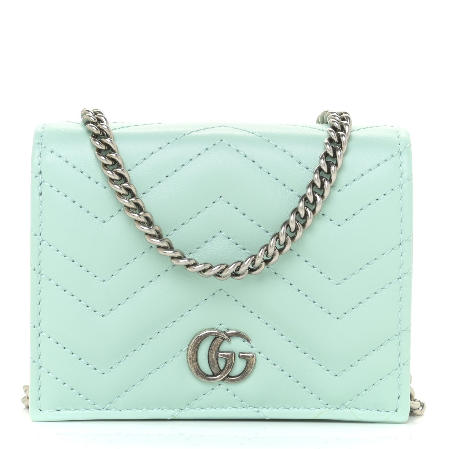Gucci Calfskin Matelasse GG Marmont Mini Wallet On Chain Water Green 1 of 10