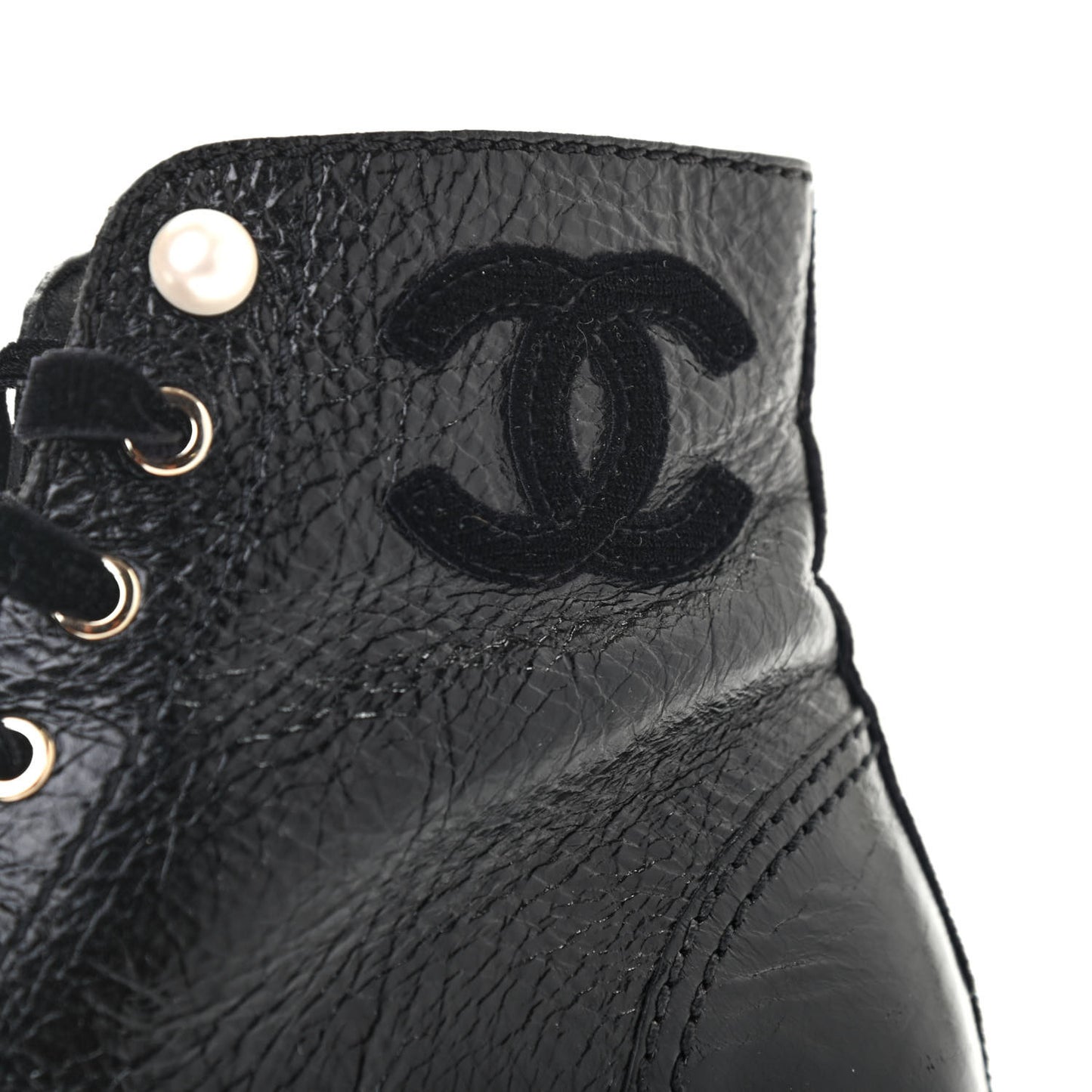 Calfskin Velvet Pearl Combat Short Boots 39.5 Black