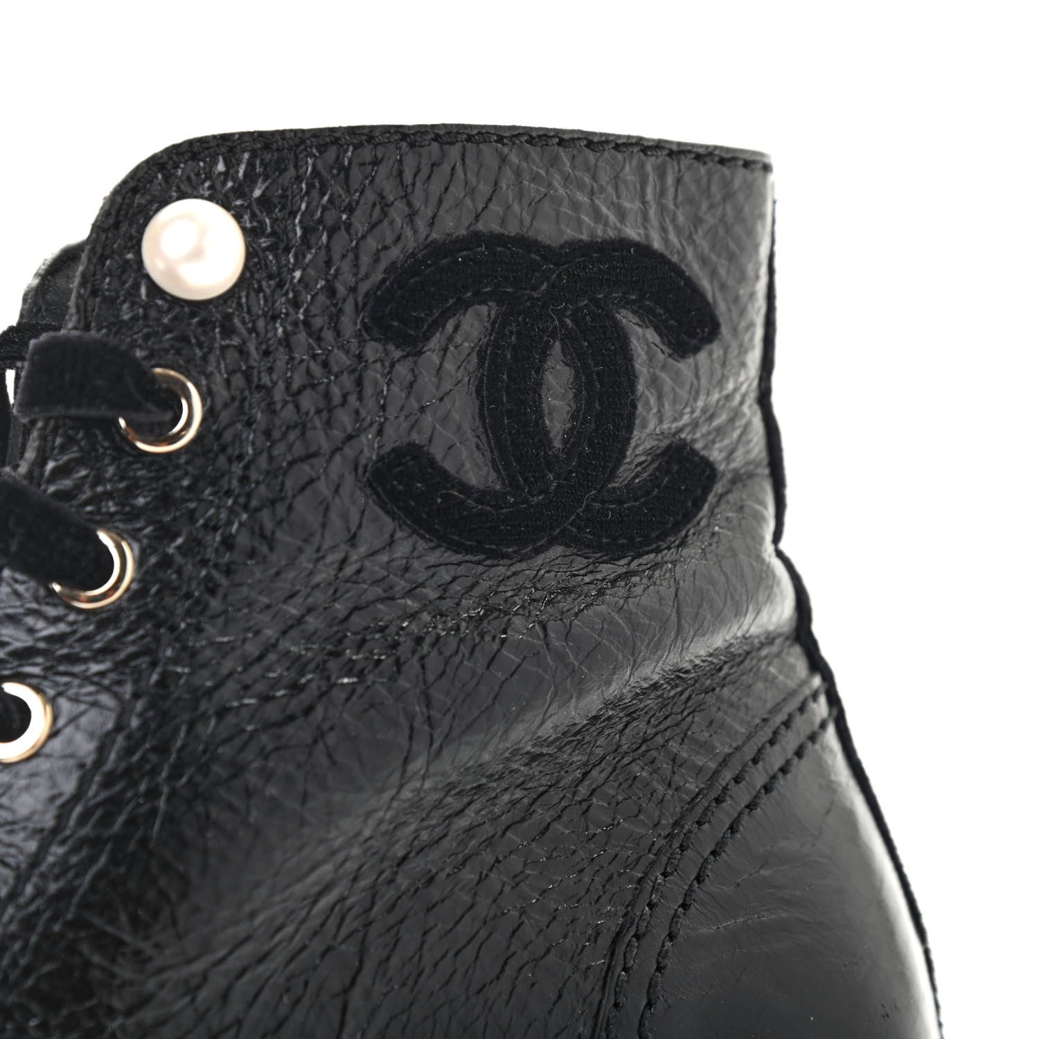 Chanel Calfskin Velvet Pearl Combat Short Boots 39.5 Black 9 of 11