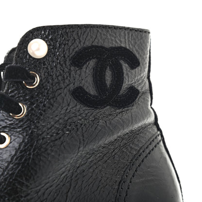 Chanel Calfskin Velvet Pearl Combat Short Boots 39.5 Black 9 of 11
