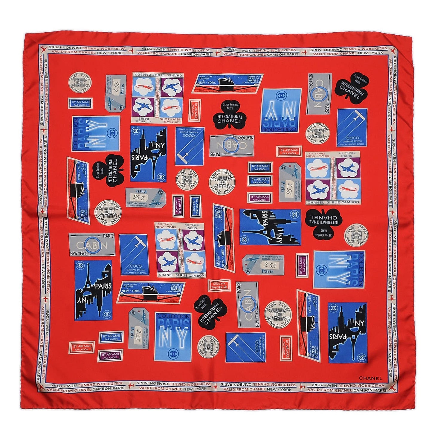 Silk Travel Stamps Scarf Red