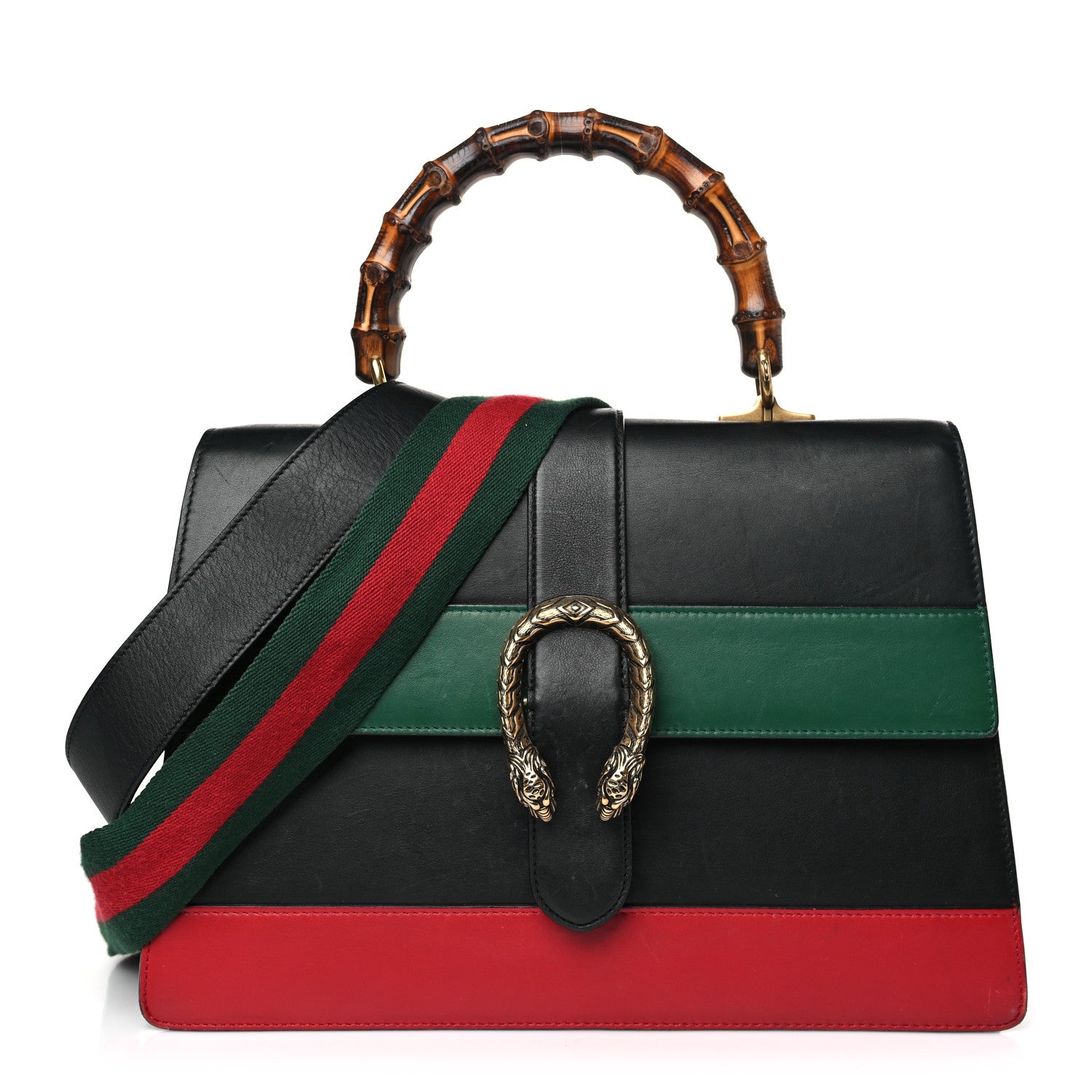Gucci Calfskin Bamboo Web Large Dionysus Top Handle Bag Black Bright Evergreen Hibiscus Red 1 of 12