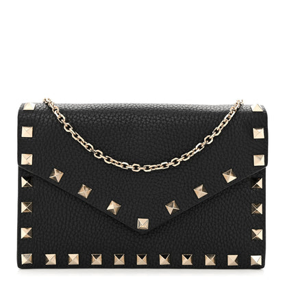 Valentino Garavani Pebbled Calfskin Rockstud Envelope Wallet on Chain Black 1 of 10