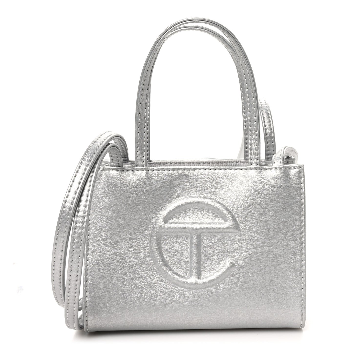 Metallic Vegan Leather Small Shopping Bag Silver