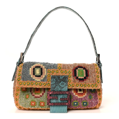 Fendi Wool Embroidered Beaded Lizard Baguette Multicolor 1 of 9