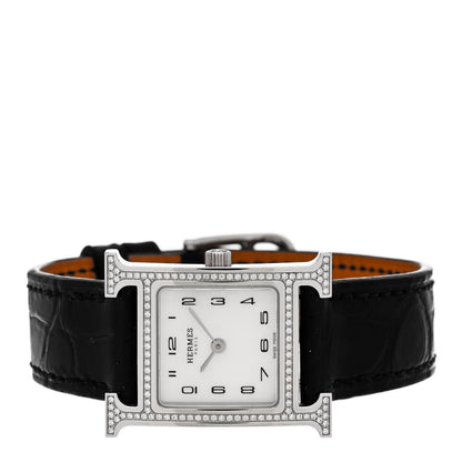Hermes Stainless Steel Alligator Diamond Bezel Mother of Pearl 21mm Heure H Hour Quartz Watch Noir 2 of 5