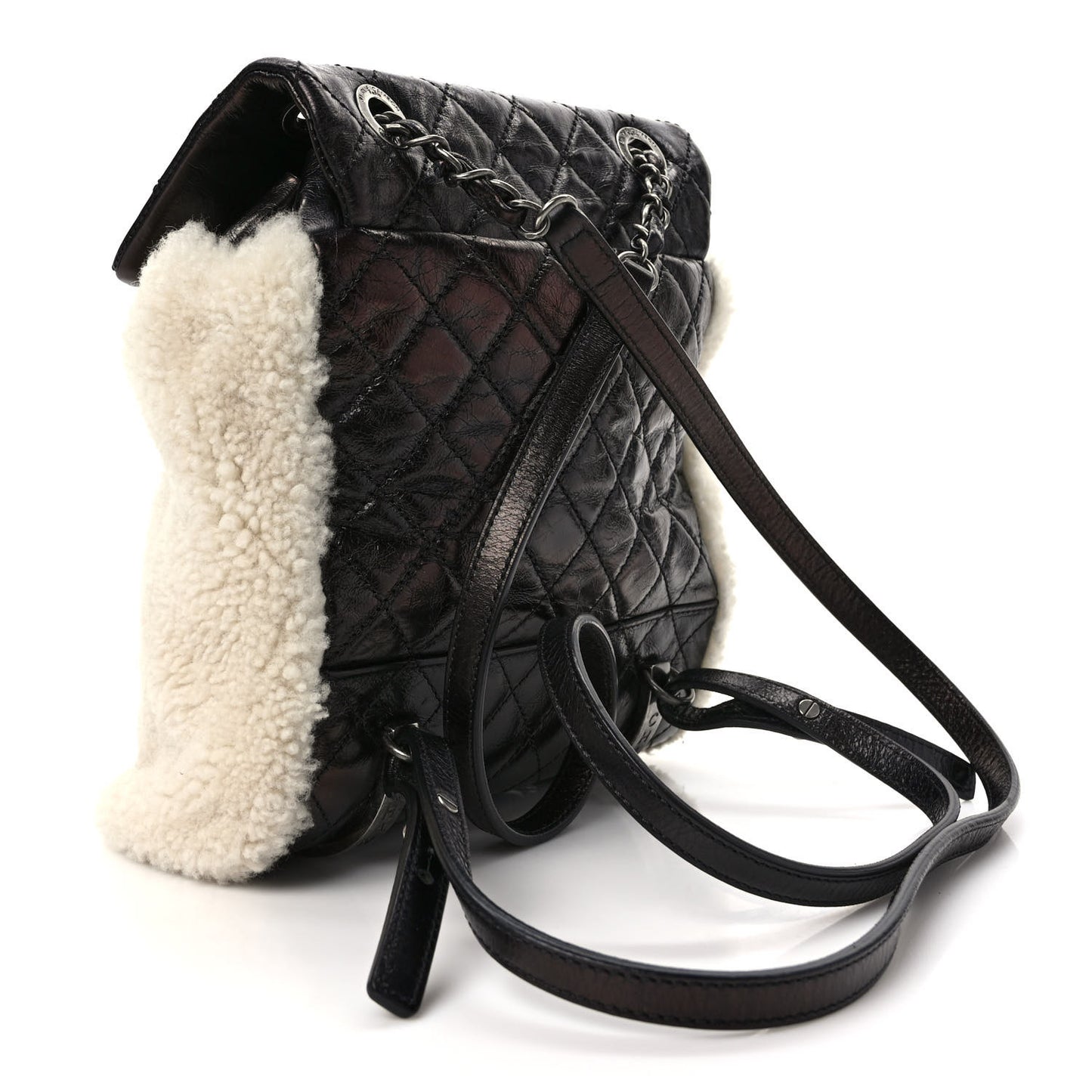 Glazed Calfskin Shearling Quilted Small Mountain Backpack Black Ivory