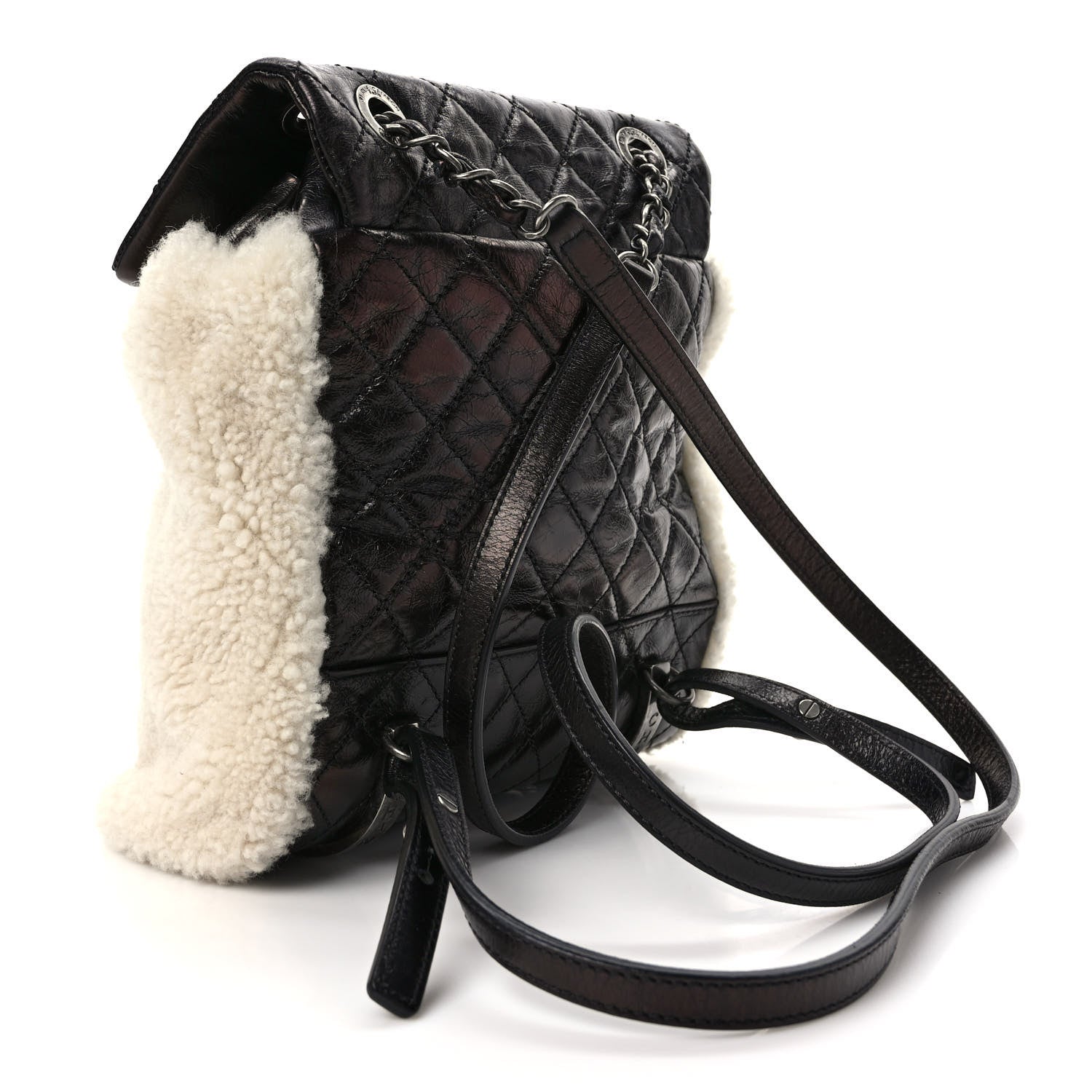 Chanel Glazed Calfskin Shearling Quilted Small Mountain Backpack Black Ivory 2 of 8