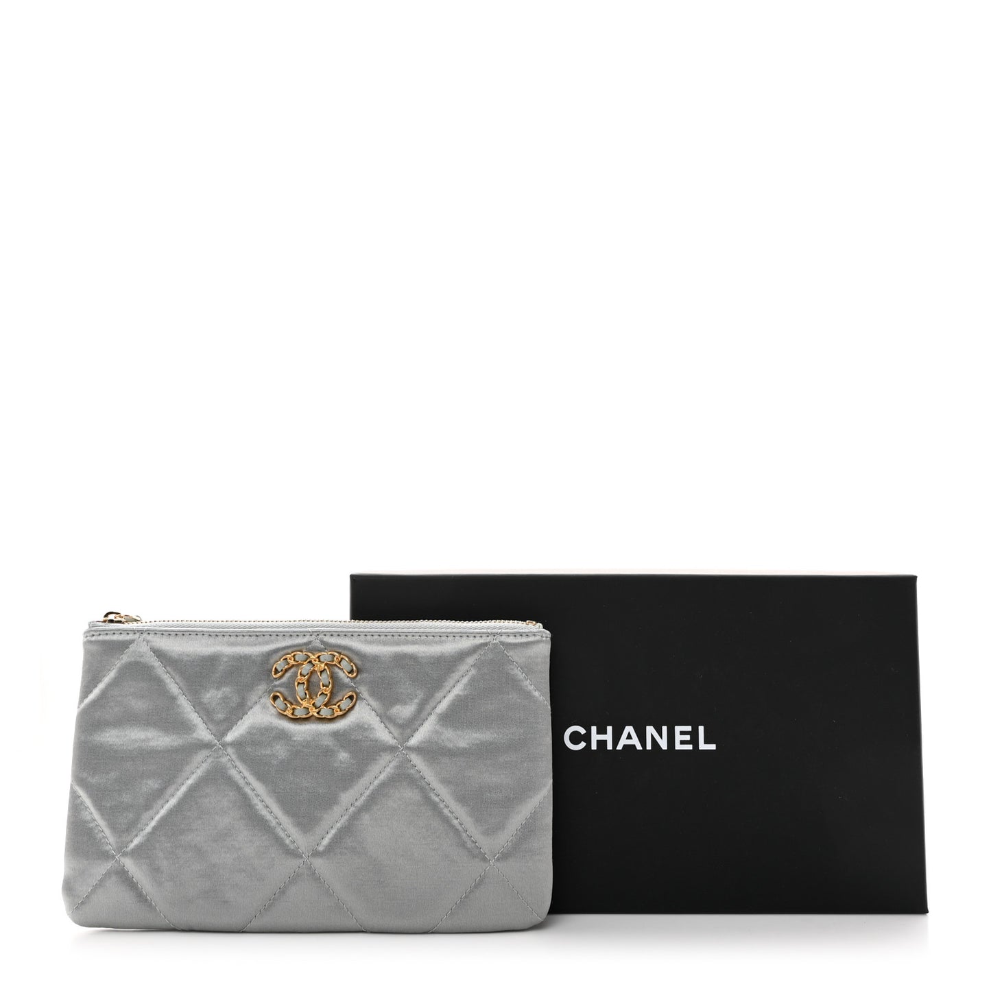Satin Quilted Small Chanel 19 Pouch Gray