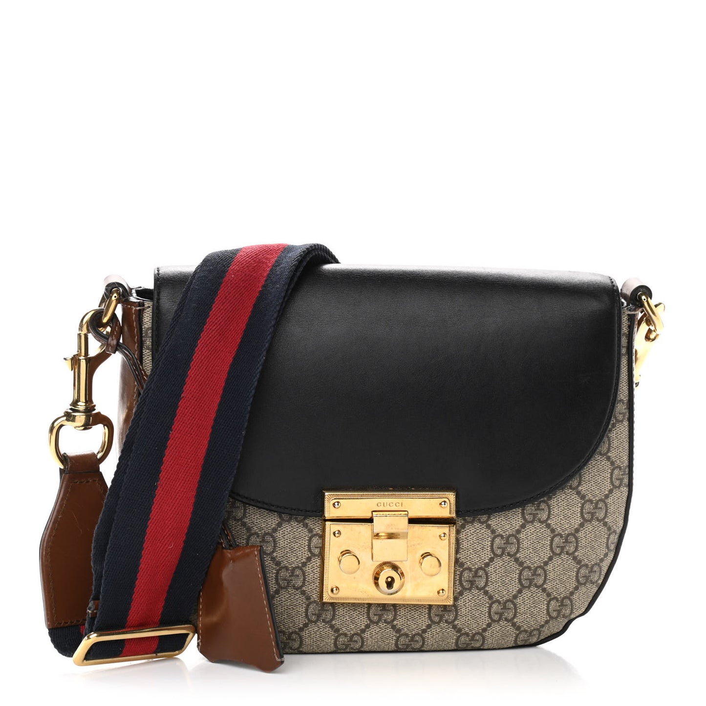 GG Supreme Monogram Web Medium Padlock Messenger Shoulder Bag Black