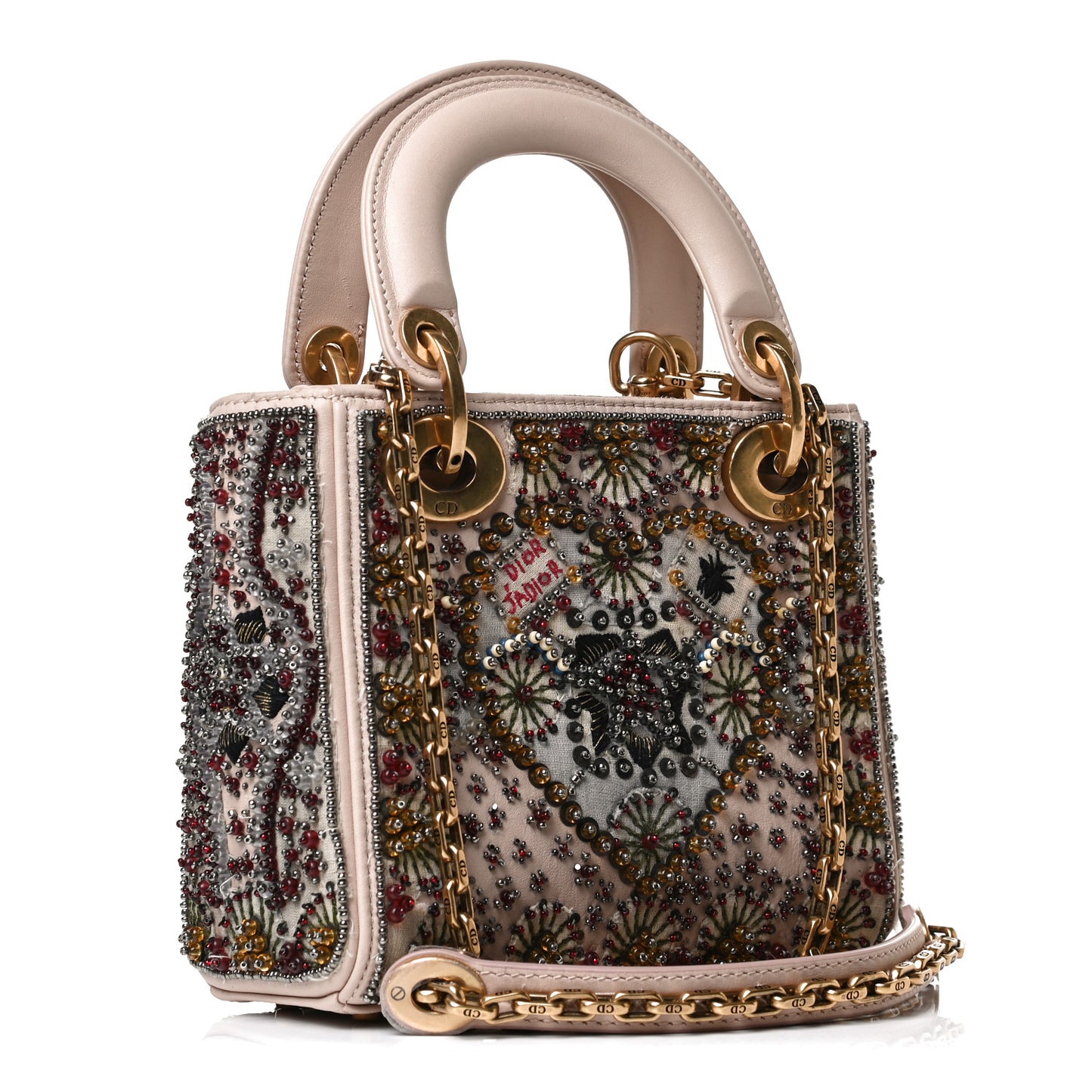 Calfskin Beaded Mini Lady Dior Beige Multicolor