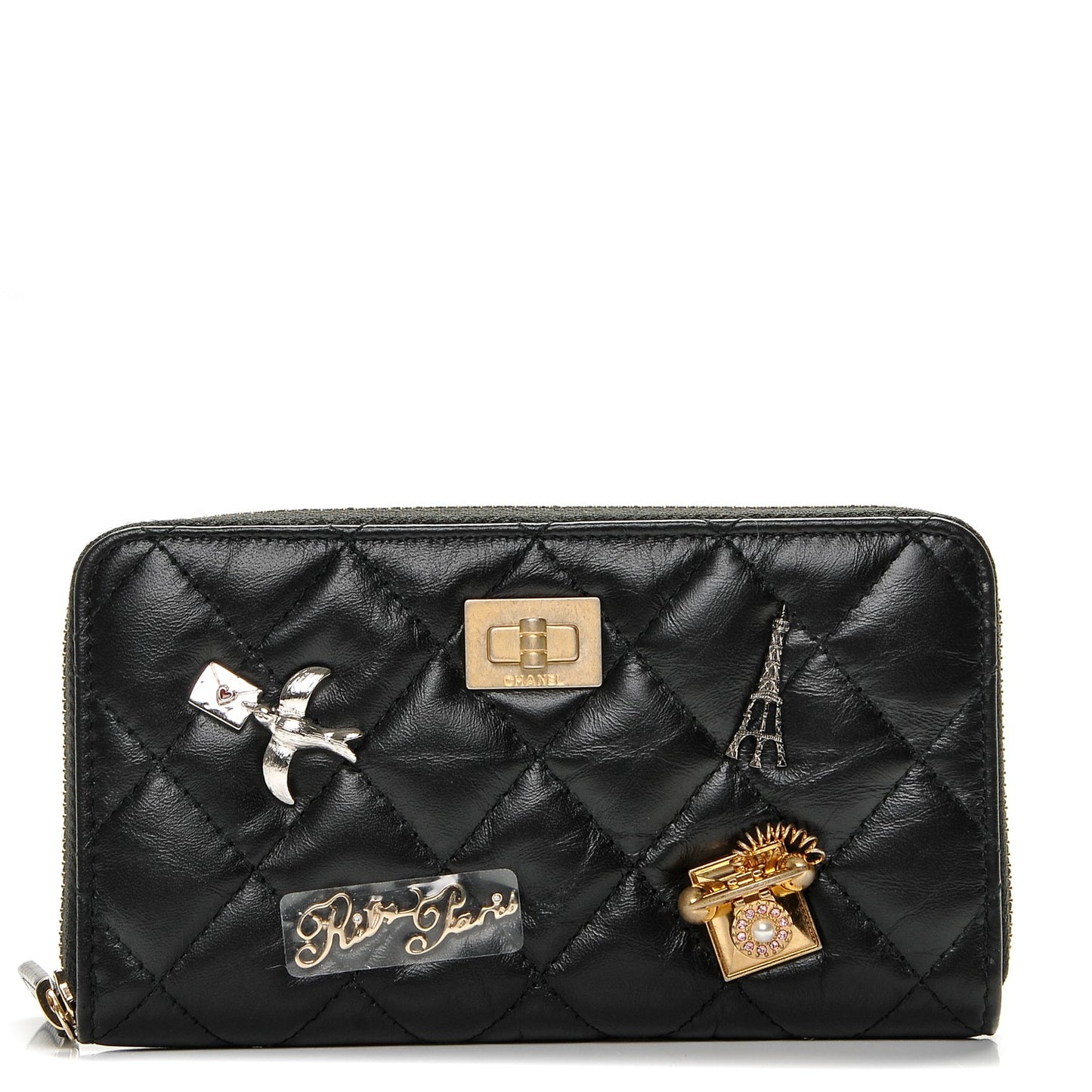 Aged Calfskin Quilted Small Lucky Charms 2.55 Reissue Zip Around Wallet Black