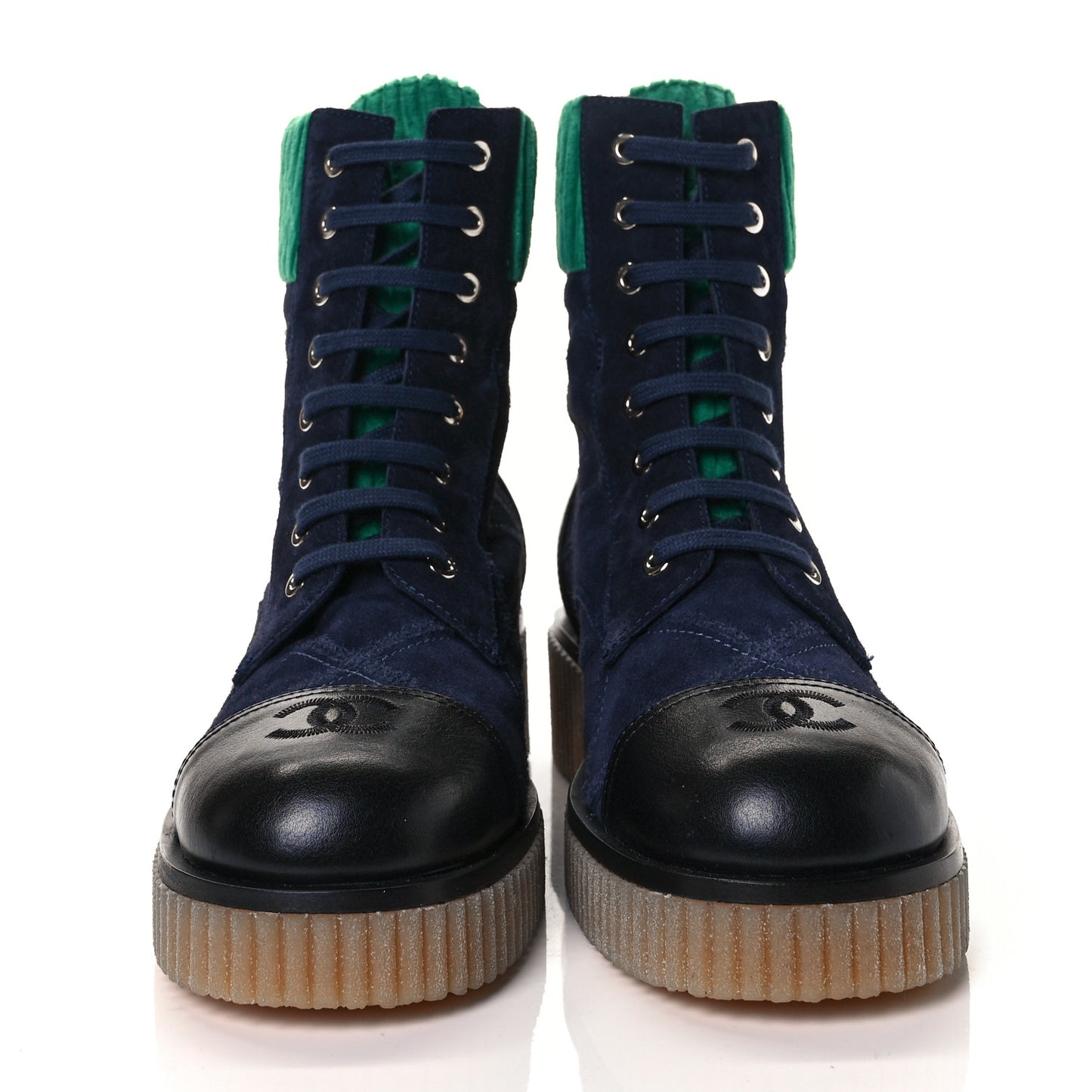 Suede Calfskin Velvet Quilted CC Combat Boots 40 Navy Green Black