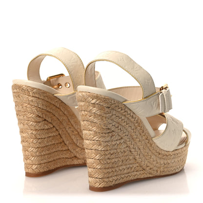 Louis Vuitton Calfskin Monogram Embossed Espadrille Wedge Sandals 36 White 5 of 15