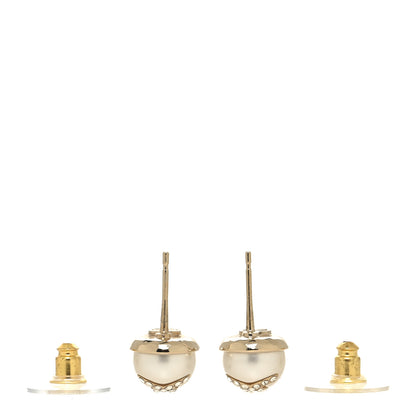 Chanel Pearl Crystal Logo Earrings Gold Pearly White 3 of 6