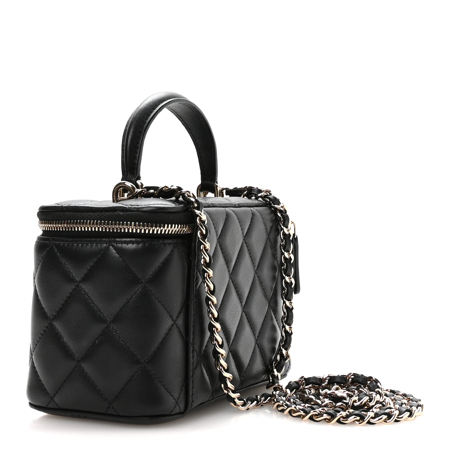 Lambskin Quilted Small Top Handle Vanity Case With Chain Black