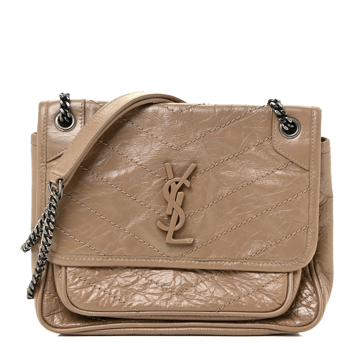 Crinkled Calfskin Matelasse Monogram Baby Niki Chain Satchel Light Taupe
