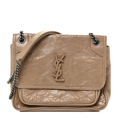 Saint Laurent Crinkled Calfskin Matelasse Monogram Baby Niki Chain Satchel Light Taupe 1 of 14