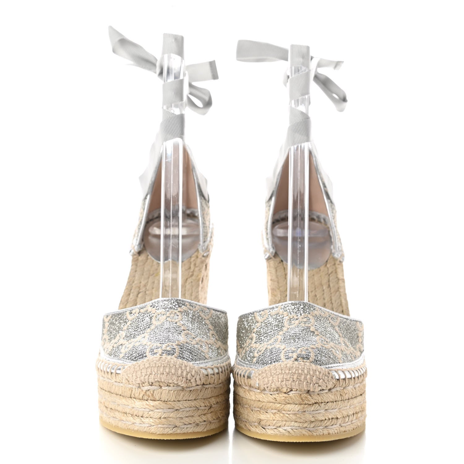 Gucci Lame GG Monogram Ankle Wrap Platform Espadrille Wedges 36 Silver Beige Light Grey 2 of 8
