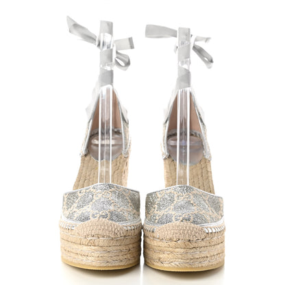 Gucci Lame GG Monogram Ankle Wrap Platform Espadrille Wedges 36 Silver Beige Light Grey 2 of 8