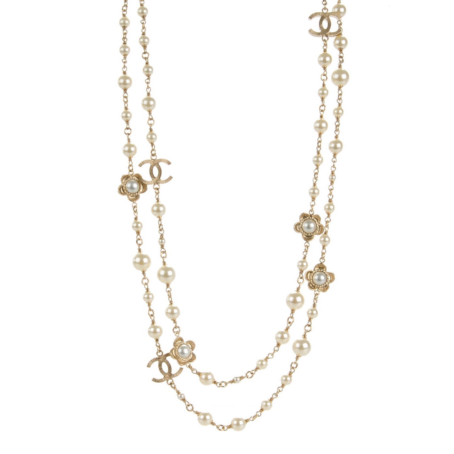 Pearl Camellia CC Long Necklace Gold