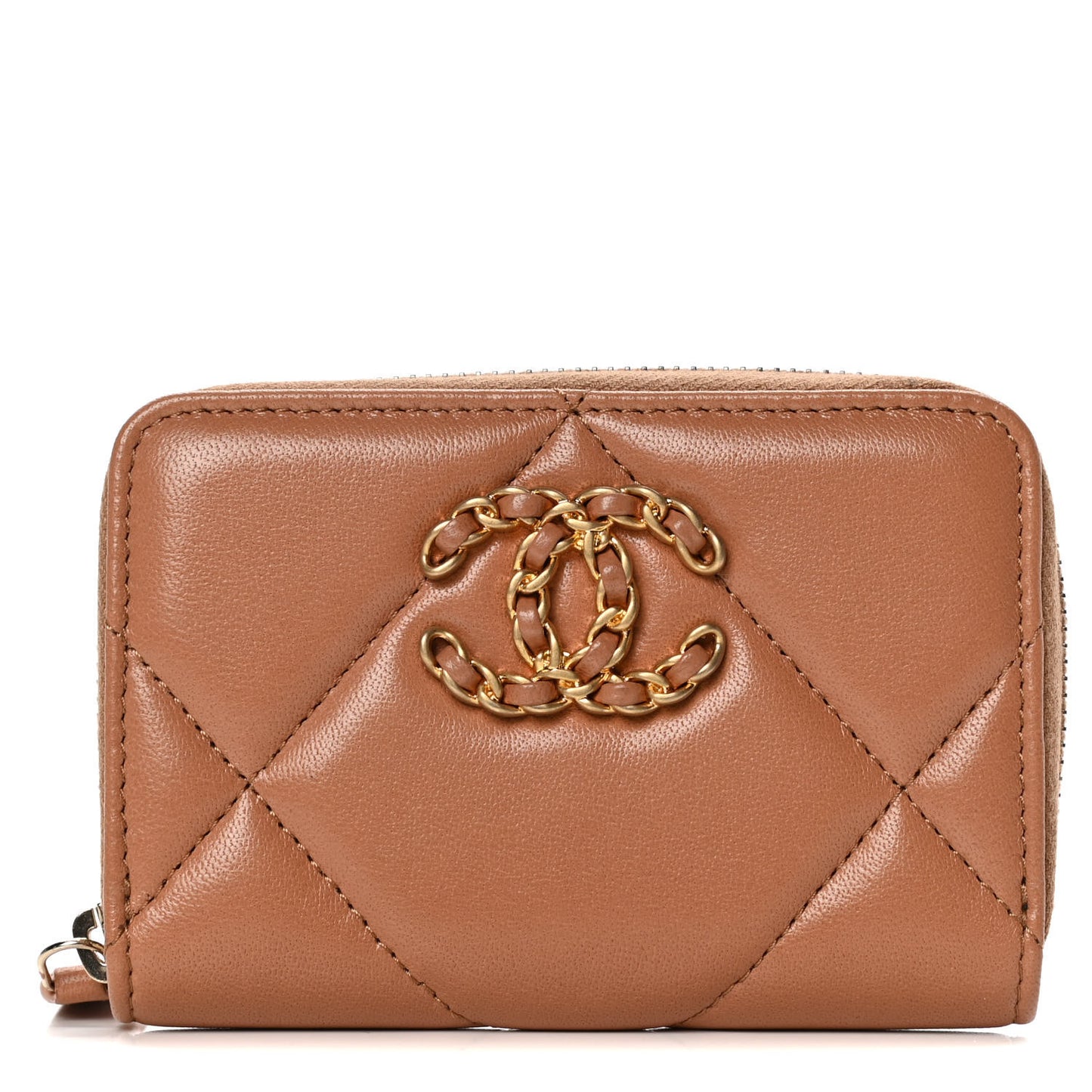 Shiny Goatskin Quilted 19 Zip Around Coin Purse Wallet Brown
